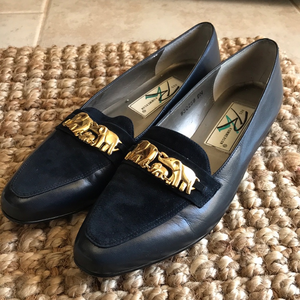 Vintage Navy and Gold Elephant Ros Hommerson Leather Loafers